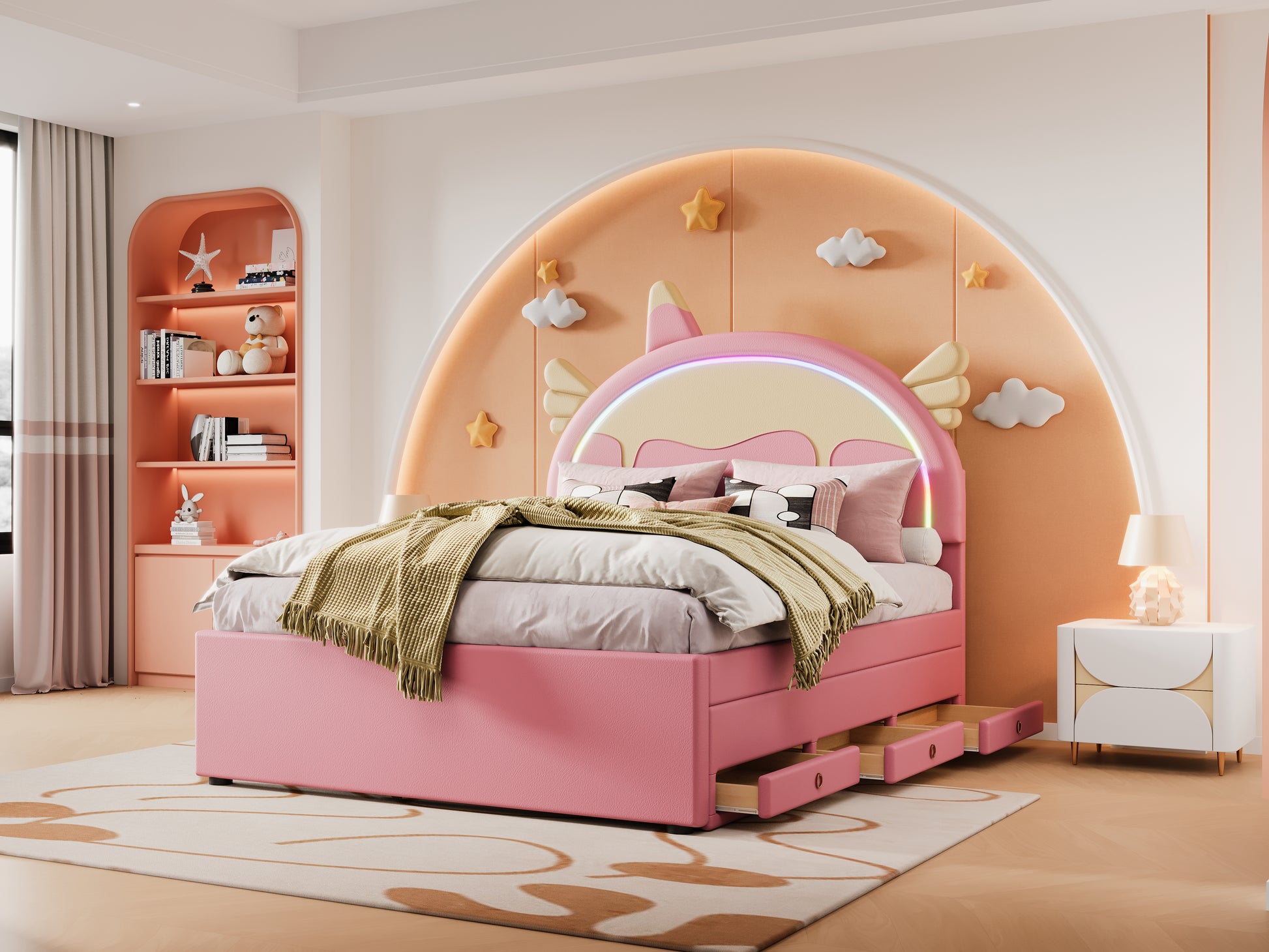 140*200cm Cartoon Kinderbett, Einhornform, ausgestattet mit ausziehbares rollbett, PU-Material, Ferngesteuerte LED-Ambientebeleuchtung, Rosa