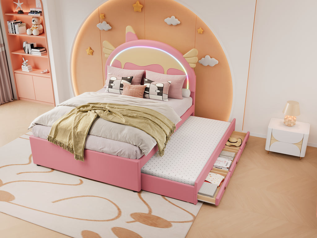 140*200cm Cartoon Kinderbett, Einhornform, ausgestattet mit ausziehbares rollbett, PU-Material, Ferngesteuerte LED-Ambientebeleuchtung, Rosa