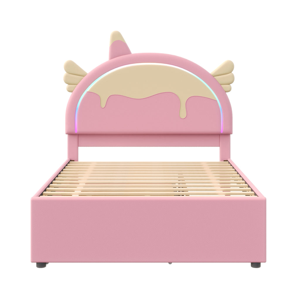 140*200cm Cartoon Kinderbett, Einhornform, ausgestattet mit ausziehbares rollbett, PU-Material, Ferngesteuerte LED-Ambientebeleuchtung, Rosa