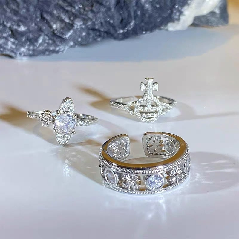 Saturn Girl! Flash Diamond Planet Ring Women's Light Luxury Niche Design Couple's Index Finger Ring Cold Style High Sense