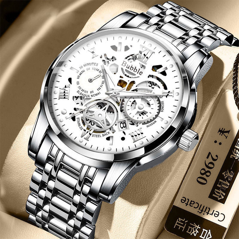 Bubble Brand Trendy High-end Light Luxury All-match Automatic Quartz Luminous Waterproof Roman Hollow Men's Watch