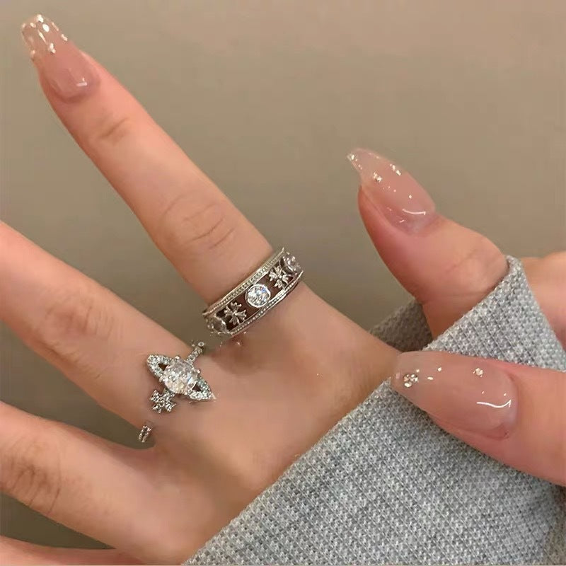 Saturn Girl! Flash Diamond Planet Ring Women's Light Luxury Niche Design Couple's Index Finger Ring Cold Style High Sense
