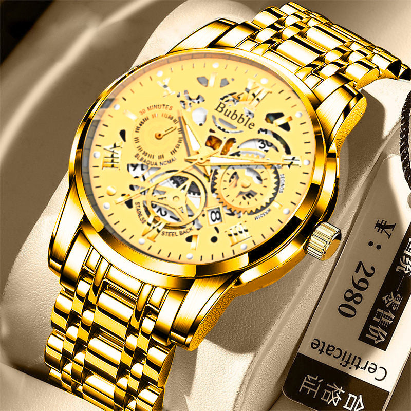 Bubble Brand Trendy High-end Light Luxury All-match Automatic Quartz Luminous Waterproof Roman Hollow Men's Watch