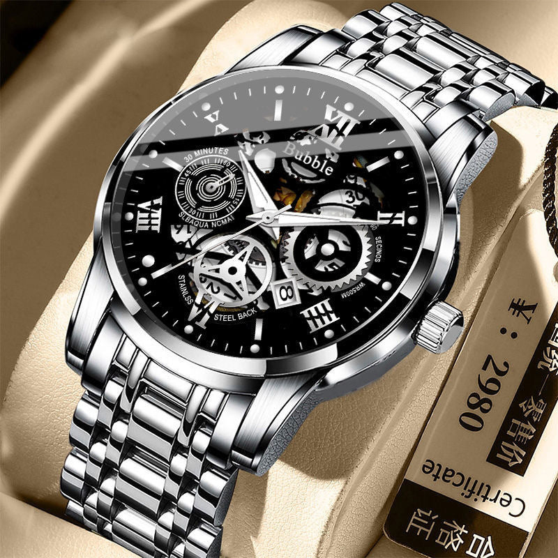 Bubble Brand Trendy High-end Light Luxury All-match Automatic Quartz Luminous Waterproof Roman Hollow Men's Watch